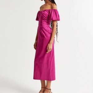 NWT Abercrombie and Fitch Taffeta Off The Shoulder Midi Dress Medium Hot Pink